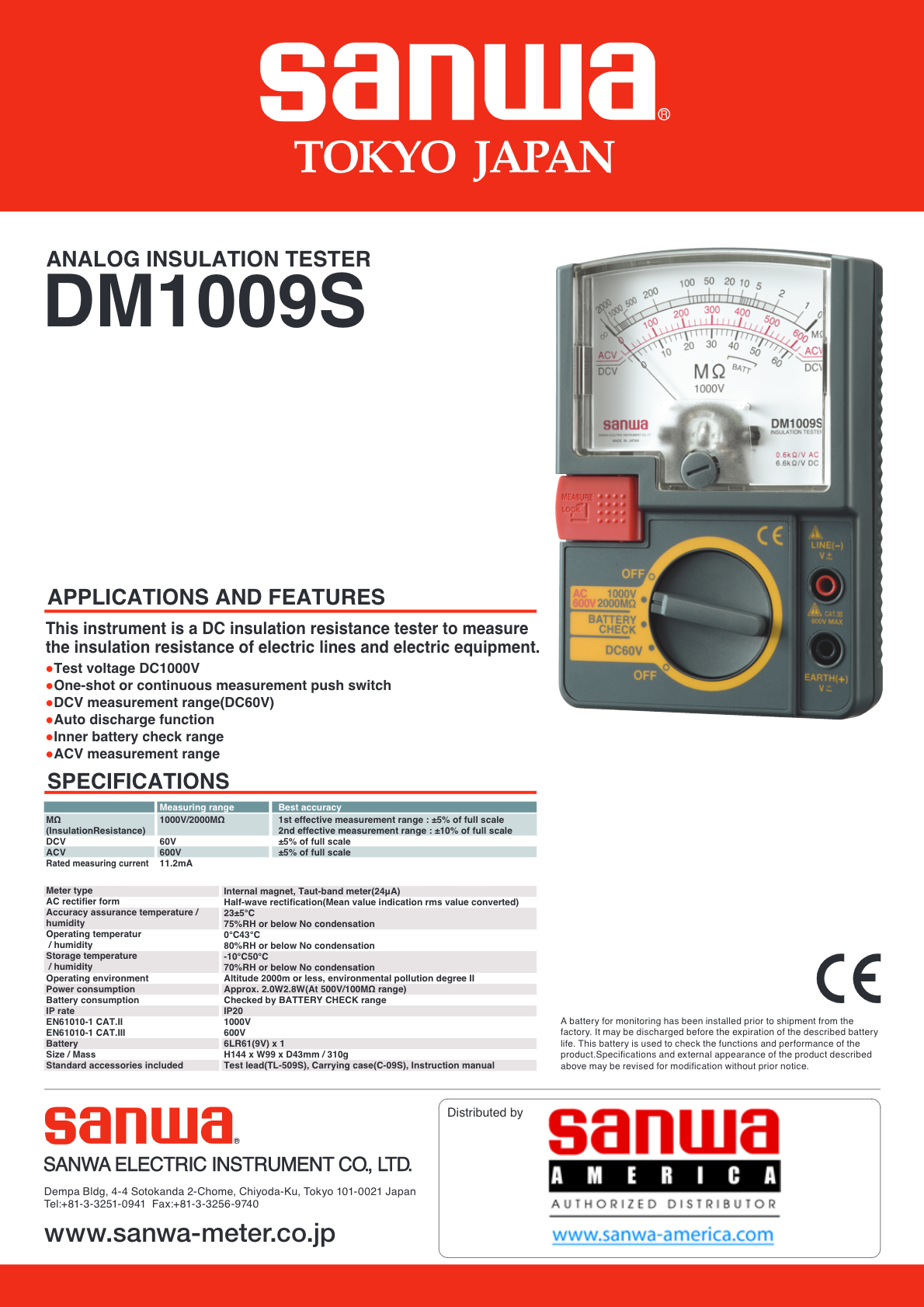 Sanwa DM1009S | 1000V Analog Insulation Tester / Portable Insulation  Resistance Meter | Sanwa-America.com